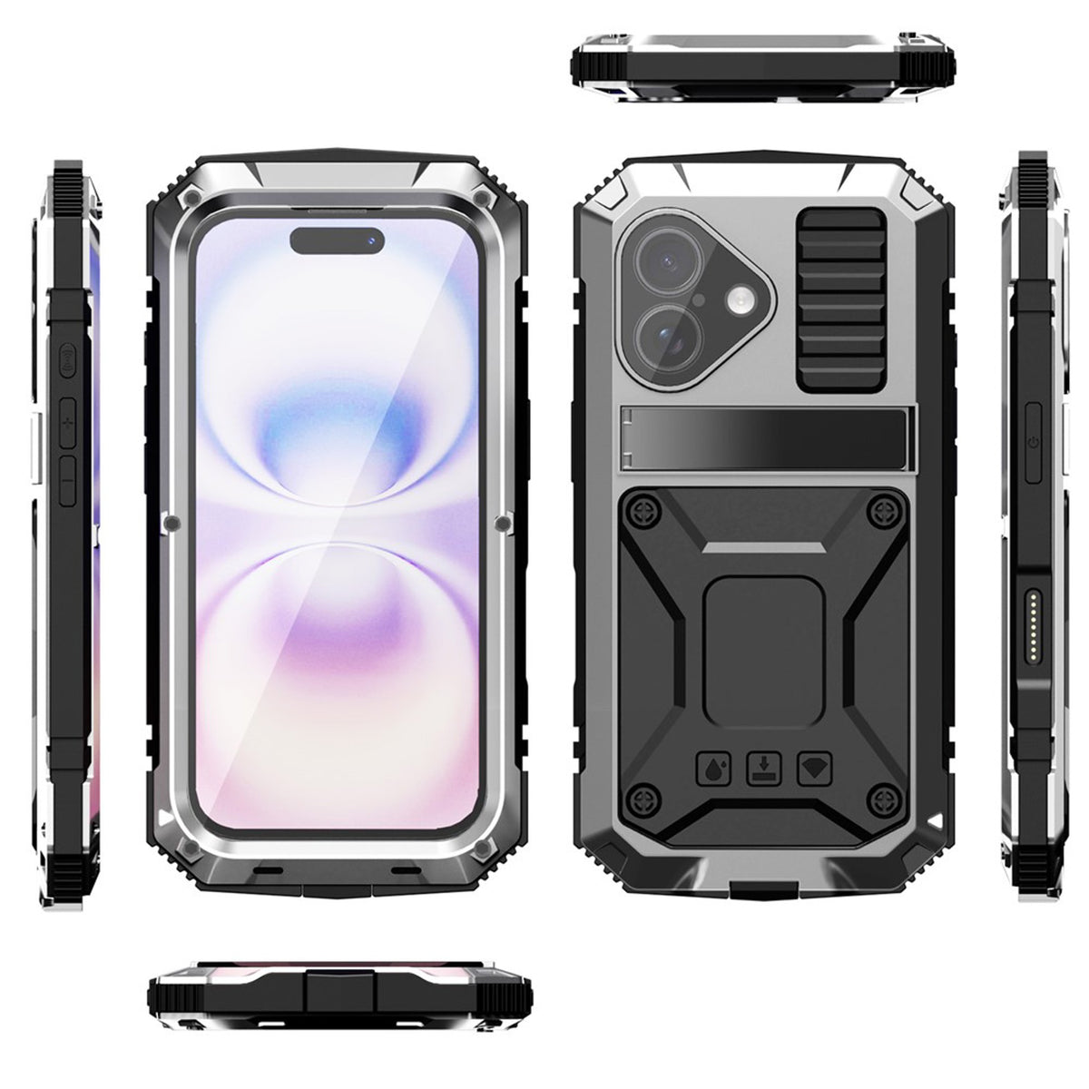 iPhone 17 R-JUST Hybrid Robust Skal m. Inbyggt Skärmskydd & Kickstand - Silver