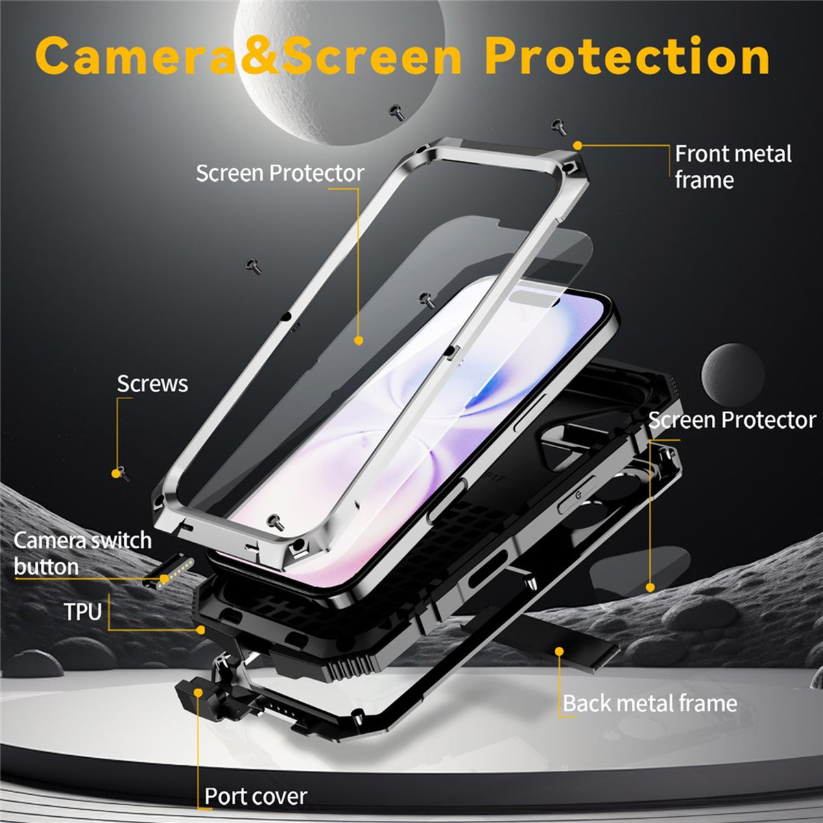iPhone 17 R-JUST Hybrid Robust Skal m. Inbyggt Skärmskydd & Kickstand - Silver