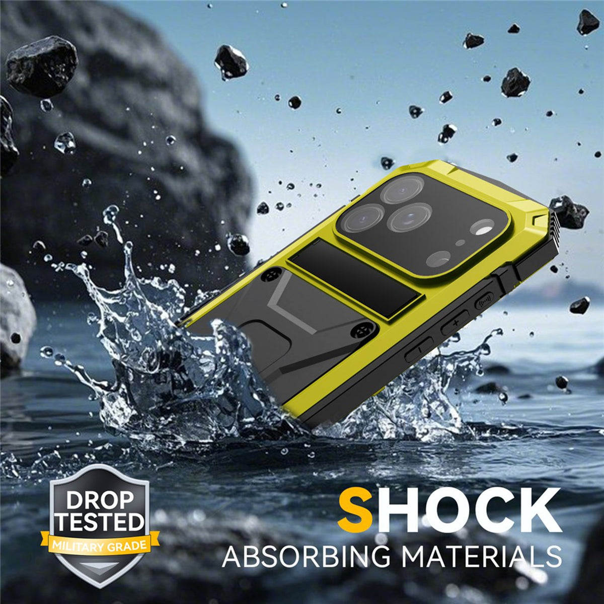 iPhone 18 Pro / 17 Pro R-JUST Hybrid Robust Skal m. Inbyggt Skärmskydd & Kickstand - Gul