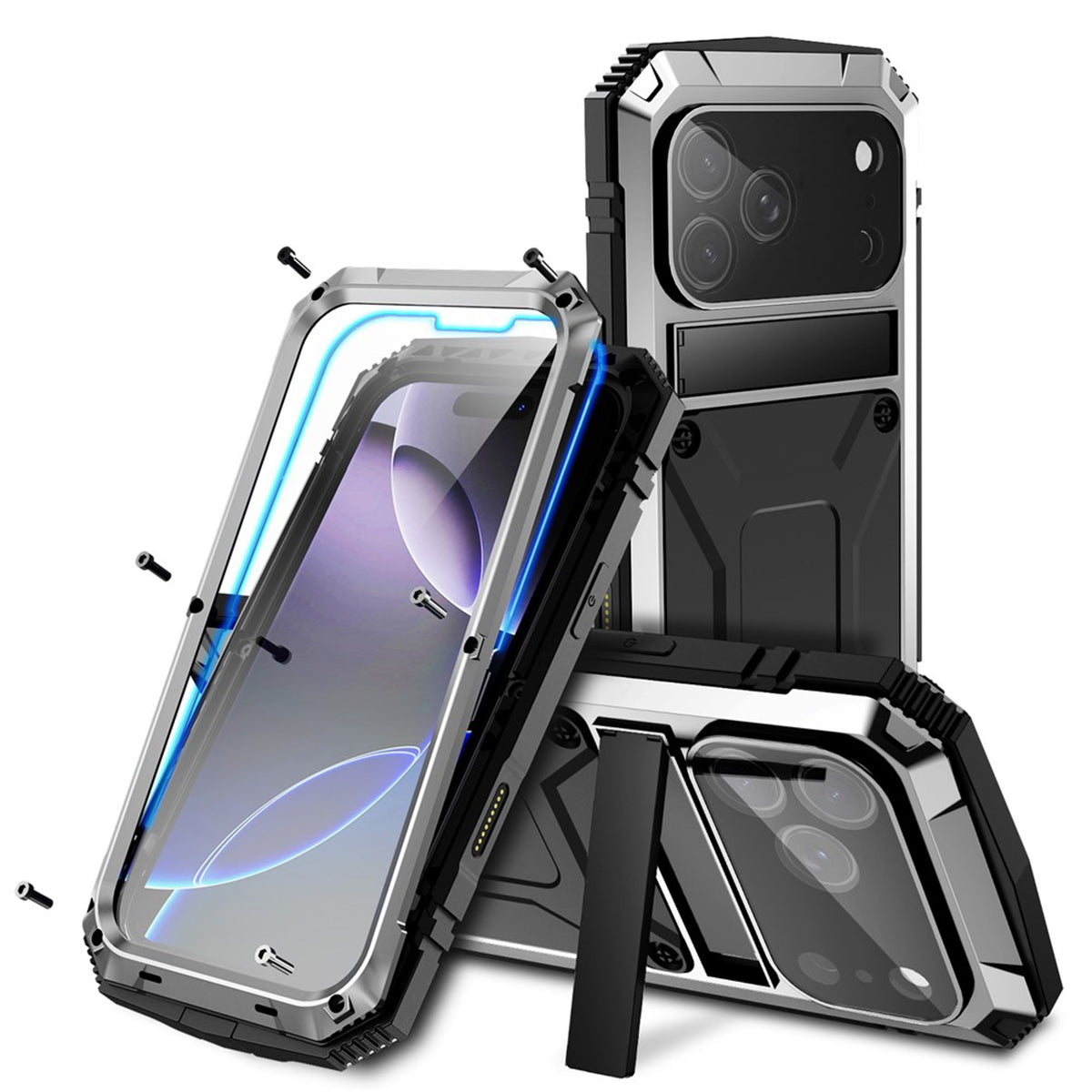 iPhone 18 Pro / 17 Pro R-JUST Hybrid Robust Skal m. Inbyggt Skärmskydd & Kickstand - Silver