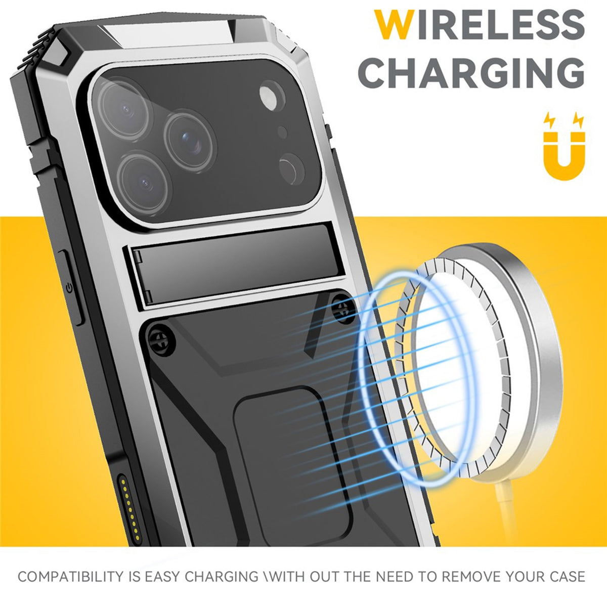 iPhone 18 Pro / 17 Pro R-JUST Hybrid Robust Skal m. Inbyggt Skärmskydd & Kickstand - Silver
