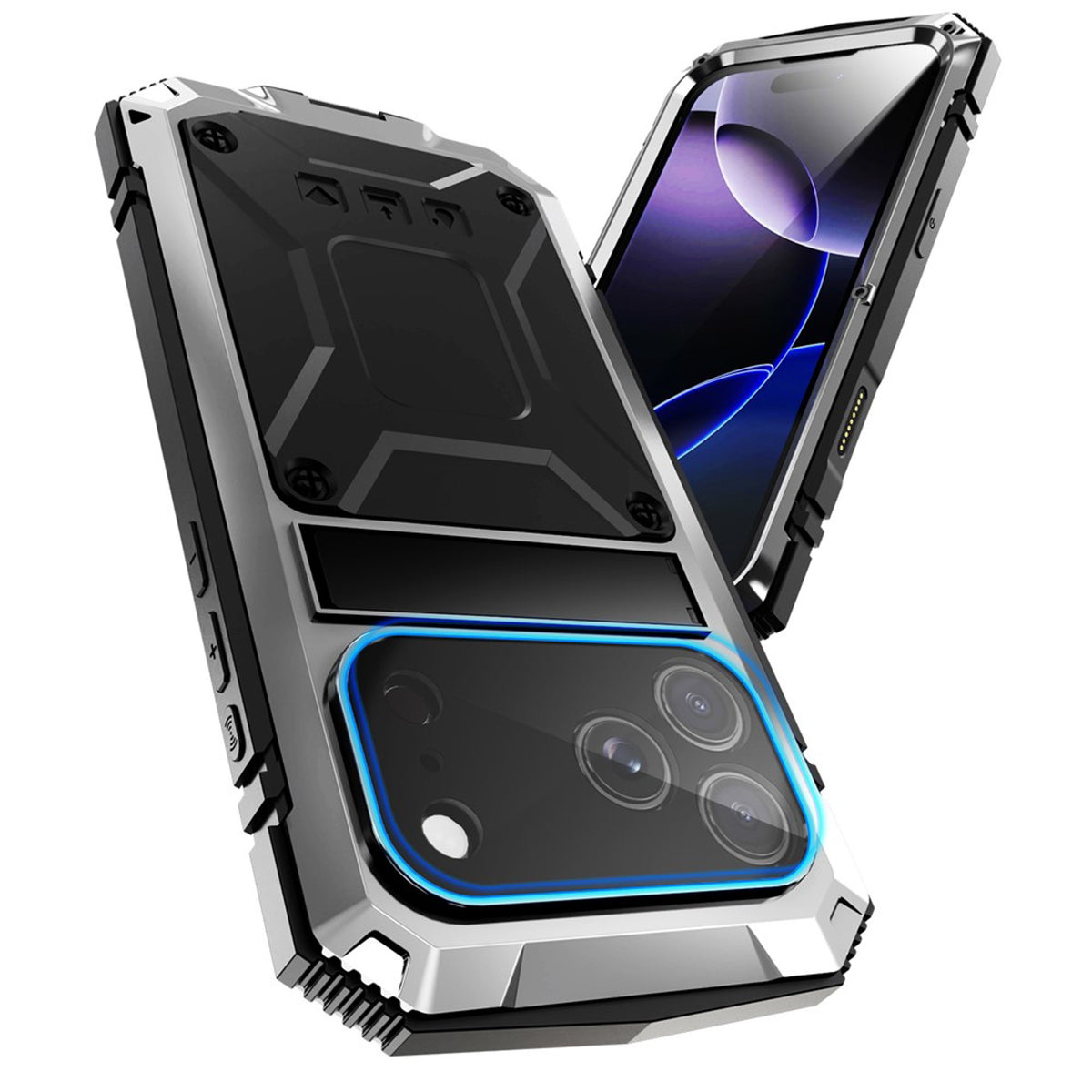 iPhone 18 Pro Max / 17 Pro Max R-JUST Hybrid Robust Skal m. Inbyggt Skärmskydd & Kickstand - Silver