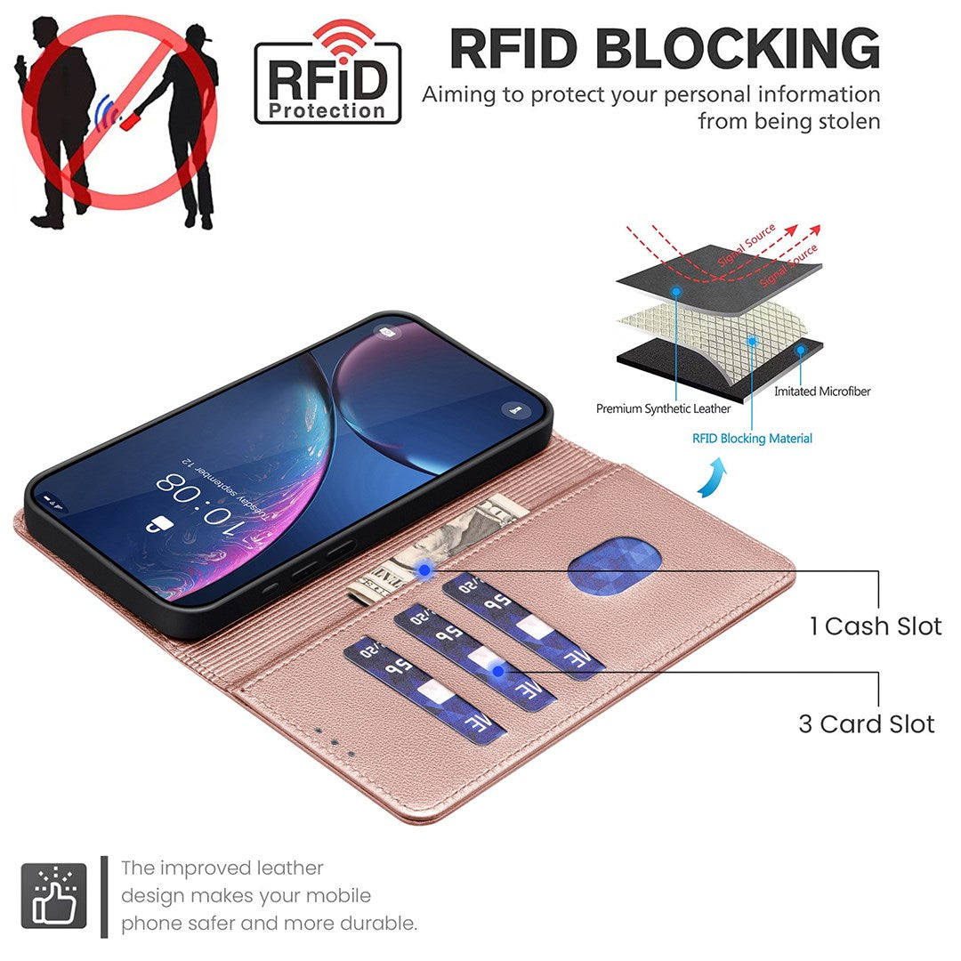Honor X5c Plus Plus BINFEN Konstläder Fodral med RFID Blockering - Rose Gold