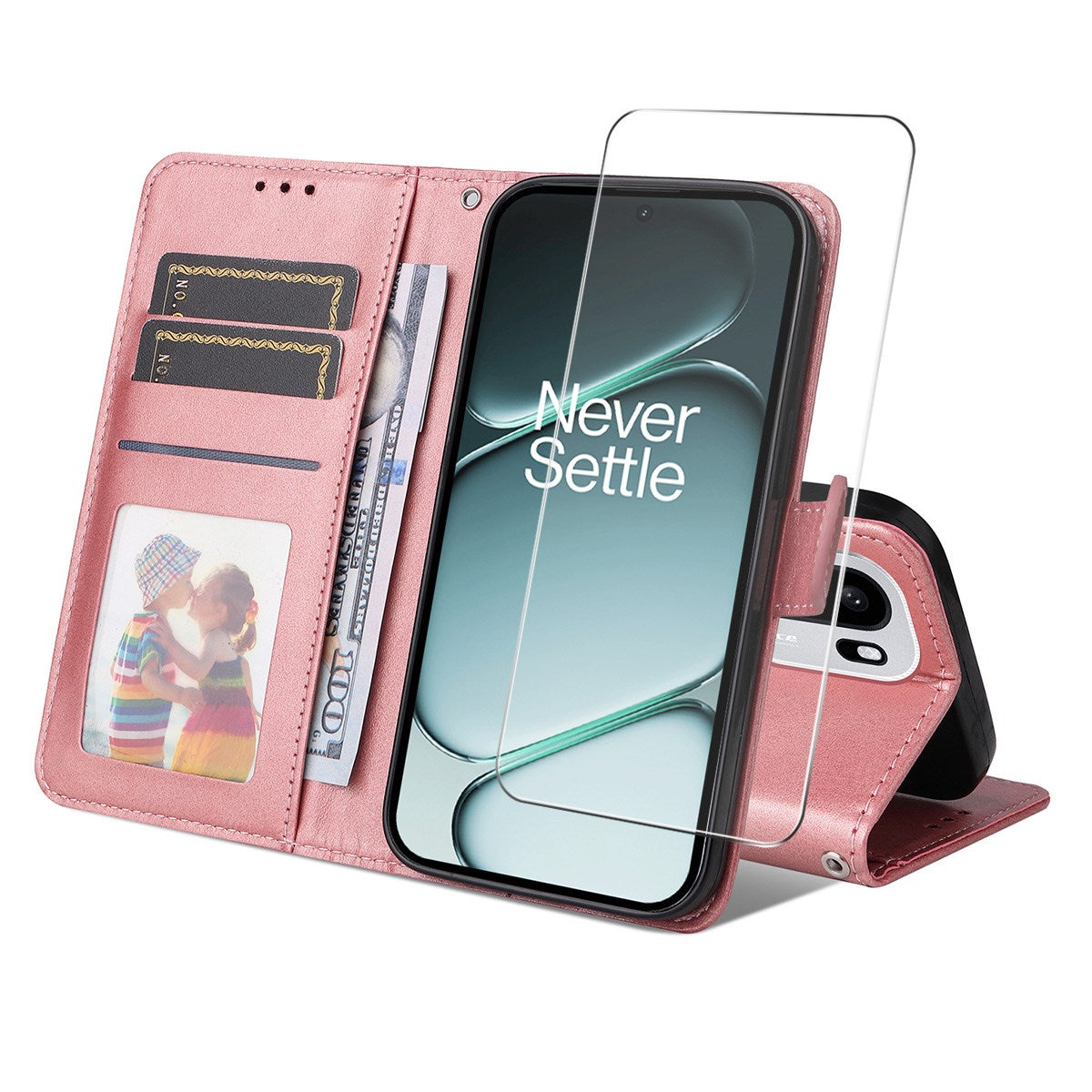 OnePlus 15R ENKAY 2-i-1 Konstläder Fodral m. Skärmskyddsglas - Rosa