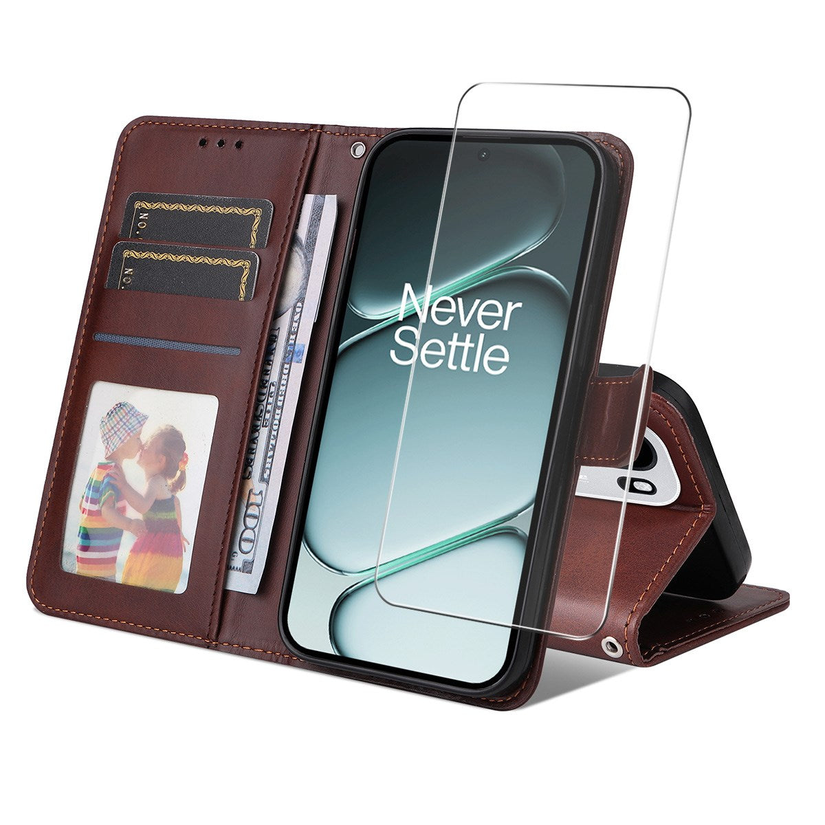 OnePlus 15R ENKAY 2-i-1 Konstläder Fodral m. Skärmskyddsglas - Brun