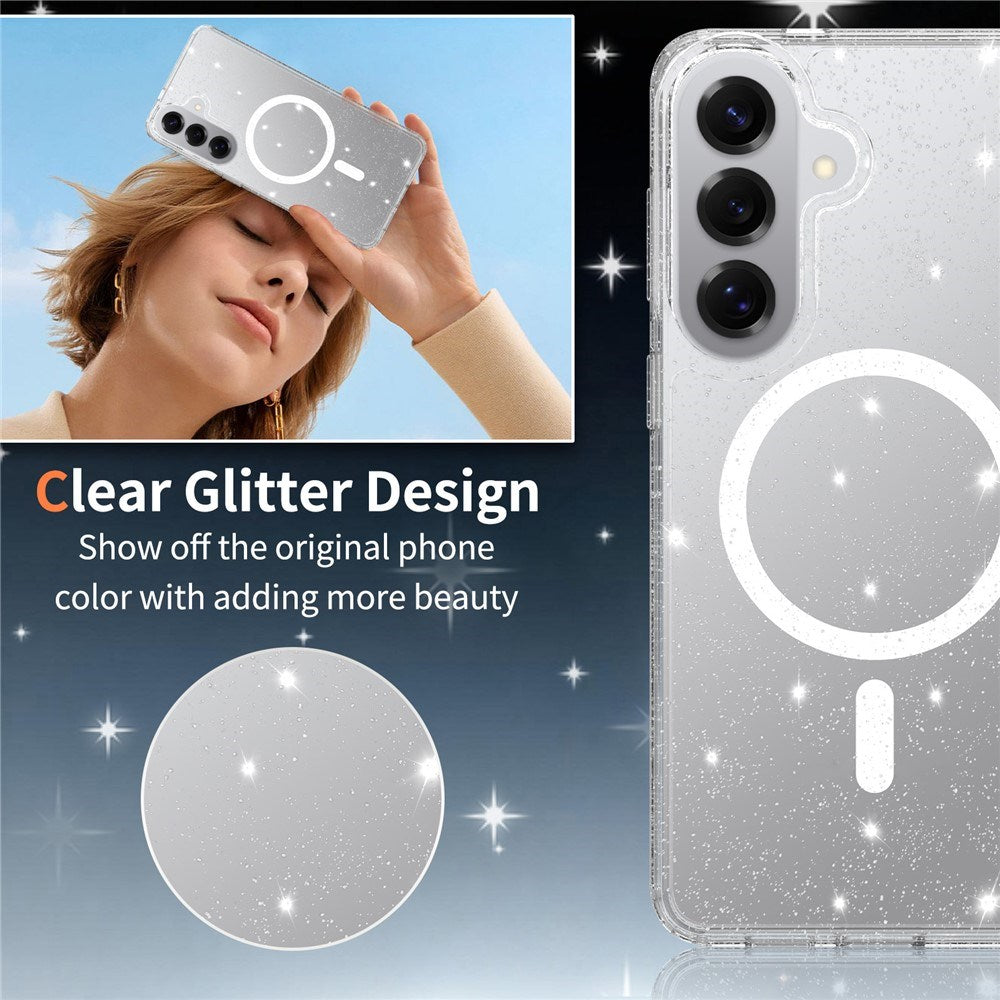 Samsung Galaxy S26+ (Plus) EIDERWOOD Magnetiskt Plast Glitter Skal m. Skärmskyddsglas – MagSafe Kompatibel – Genomskinlig