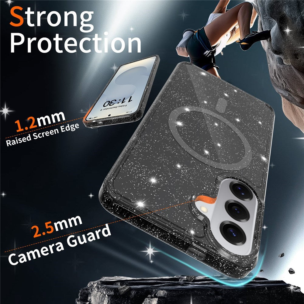 Samsung Galaxy S26+ (Plus) EIDERWOOD Magnetiskt Plast Glitter Skal m. Skärmskyddsglas – MagSafe Kompatibel – Genomskinlig / Svart