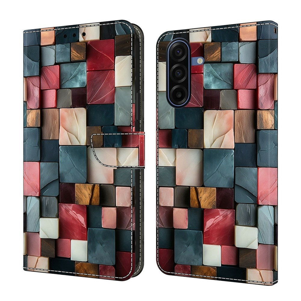 Samsung Galaxy A57 EIDERWOOD Konstläder Fodral med Inbyggd Korthållare & Stativfunktion - Färgglada Rutor