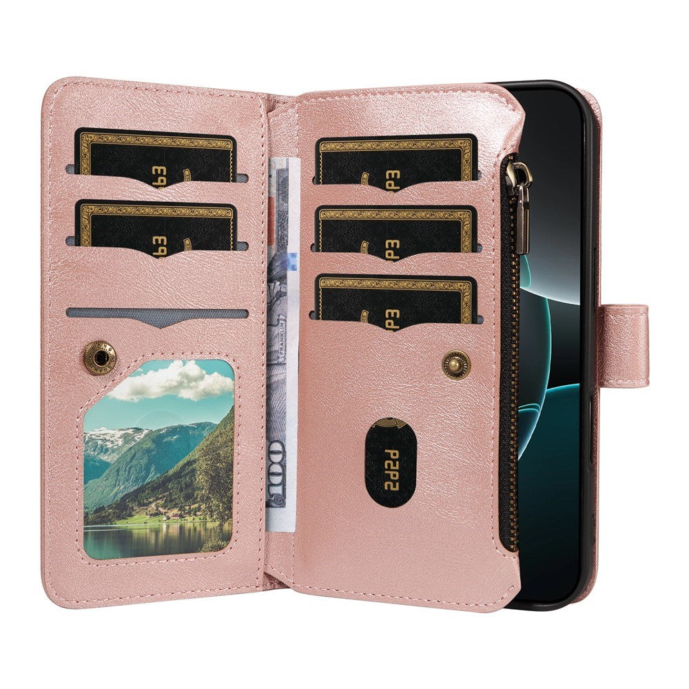 iPhone 17 Pro EIDERWOOD Fodral med 9 Korthållare - Blixtlåsficka - RFDI-Blockering - Rem - Rose Gold