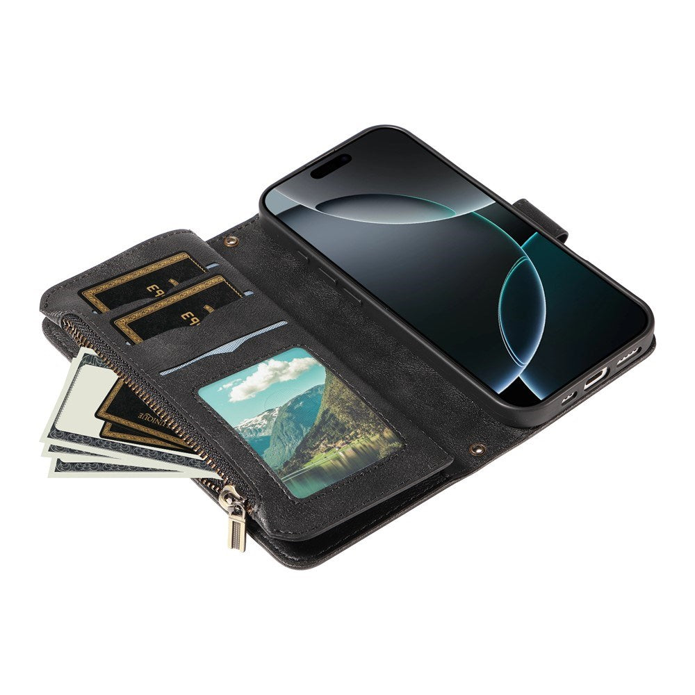 iPhone 17 Pro EIDERWOOD Fodral med 9 Korthållare - Blixtlåsficka - RFDI-Blockering - Rem - Svart