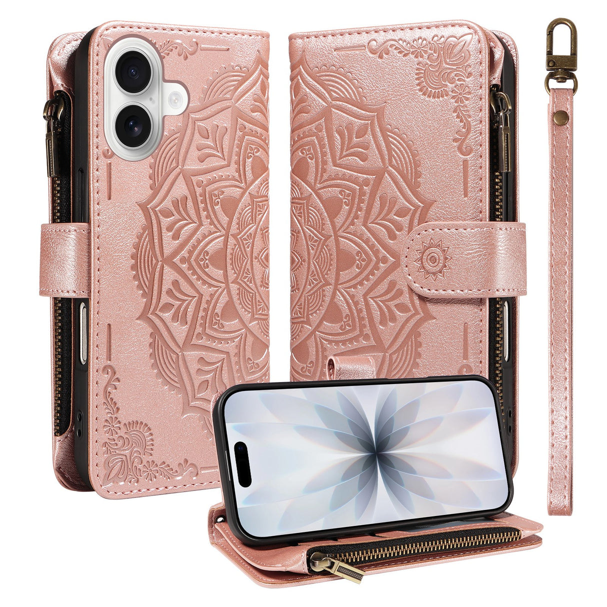 iPhone 17 EIDERWOOD Fodral med 9 Korthållare - Blixtlåsficka - RFDI-Blockering - Rem - Rose Gold