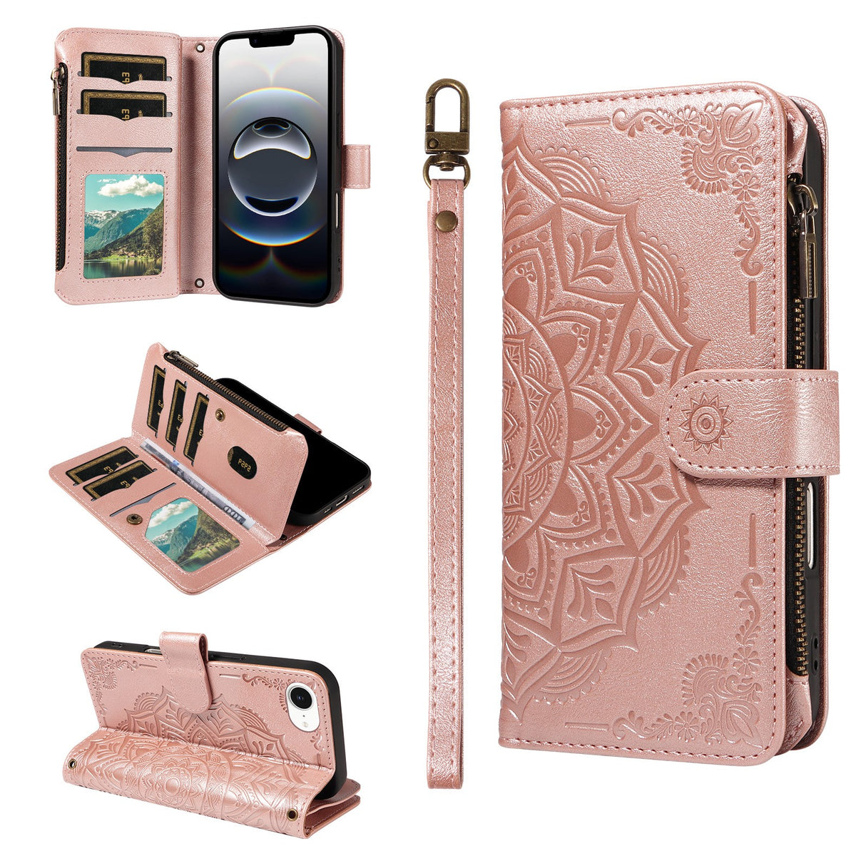 iPhone 17e / 16e EIDERWOOD Fodral med 9 Korthållare - Blixtlåsficka - RFDI-Blockering - Rem - Rose Gold