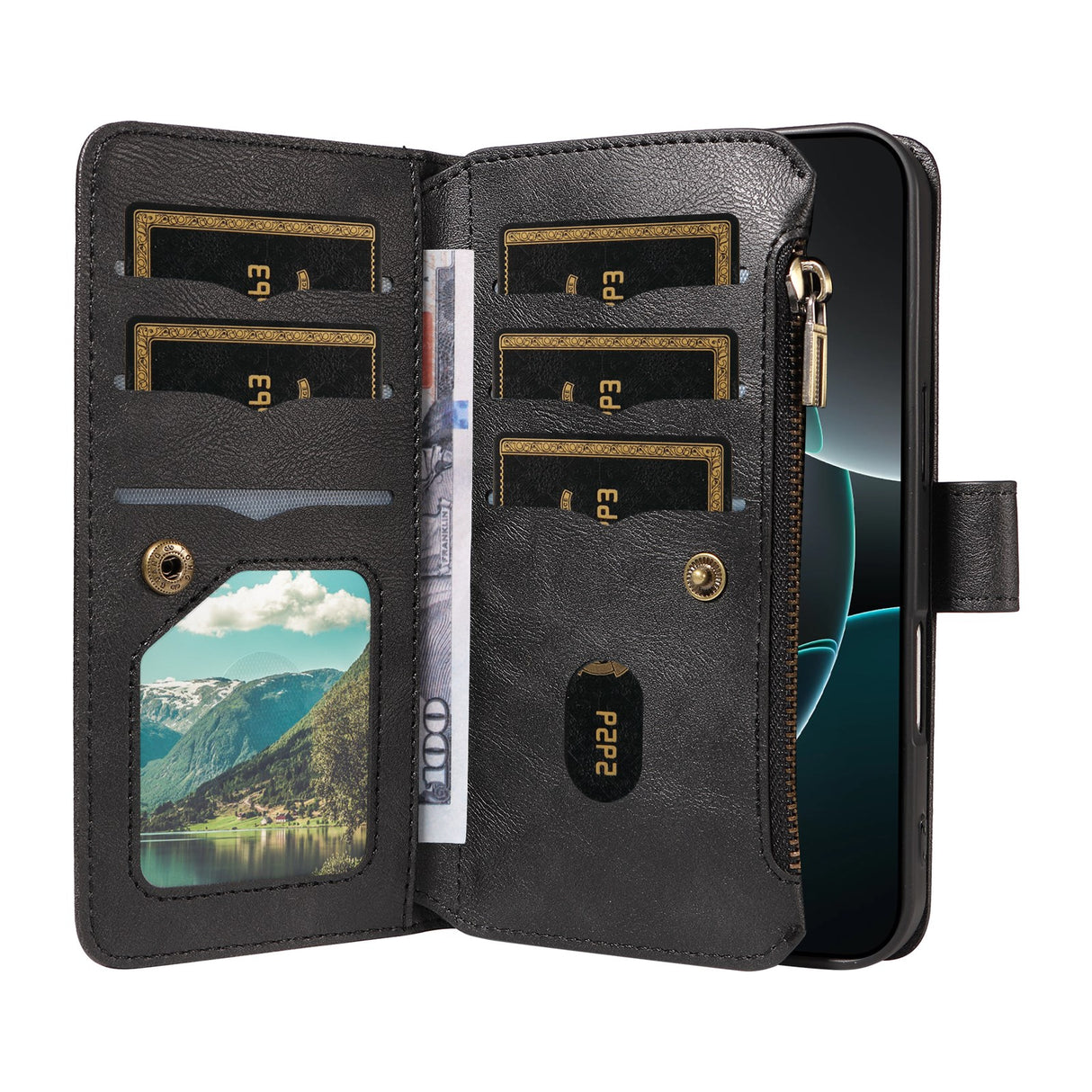 iPhone 17e / 16e EIDERWOOD Fodral med 9 Korthållare - Blixtlåsficka - RFDI-Blockering - Rem - Svart