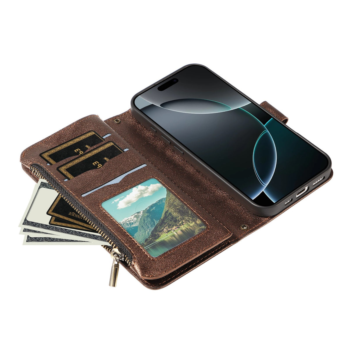 iPhone 17e / 16e EIDERWOOD Fodral med 9 Korthållare - Blixtlåsficka - RFDI-Blockering - Rem - Brun