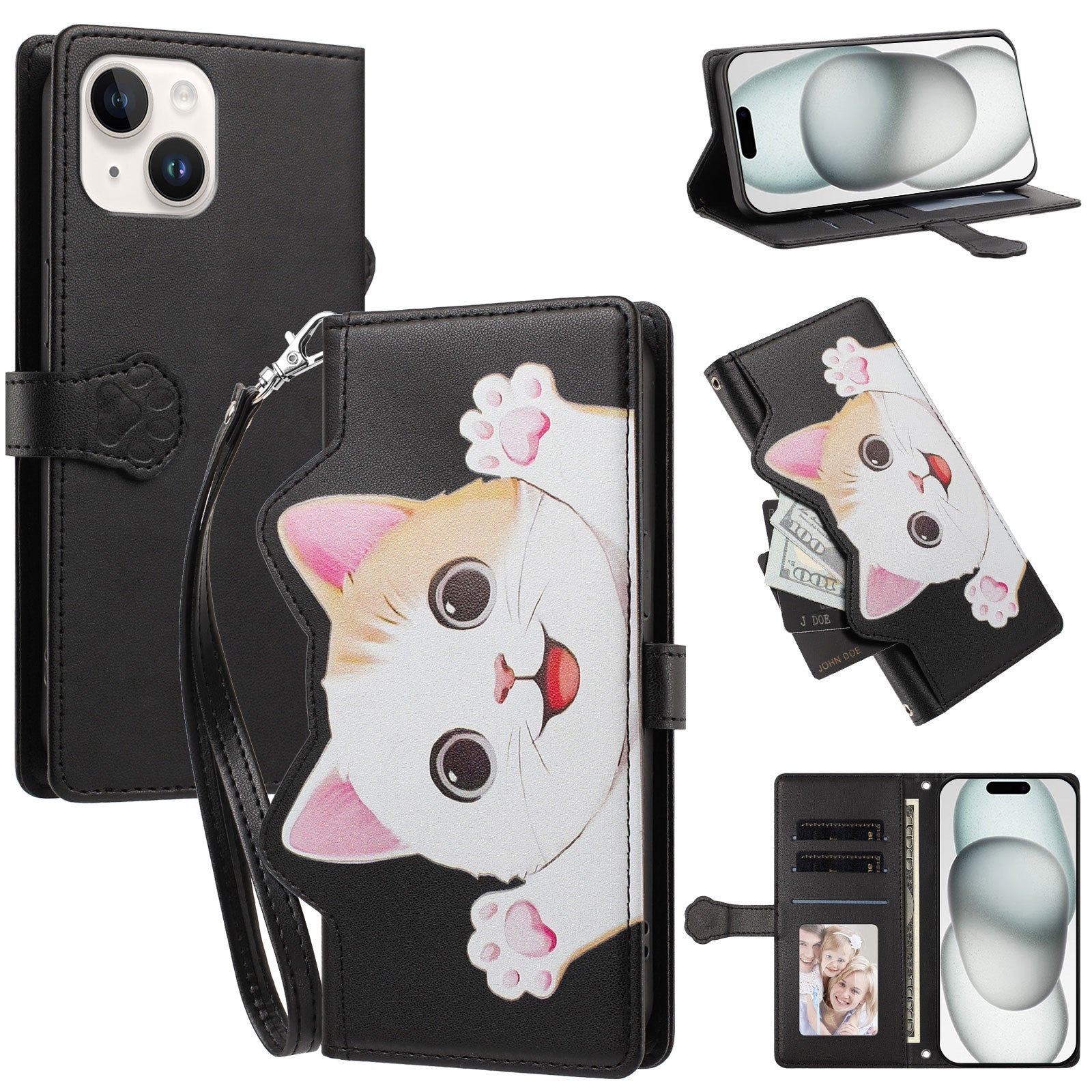 iPhone 14 / 13 Fodral med 3D-Kattöron - Korthållare & Stativfunktion - Svart