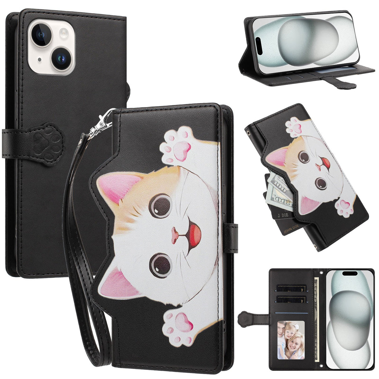 iPhone 14 / 13 Fodral med 3D-Kattöron - Korthållare & Stativfunktion - Svart