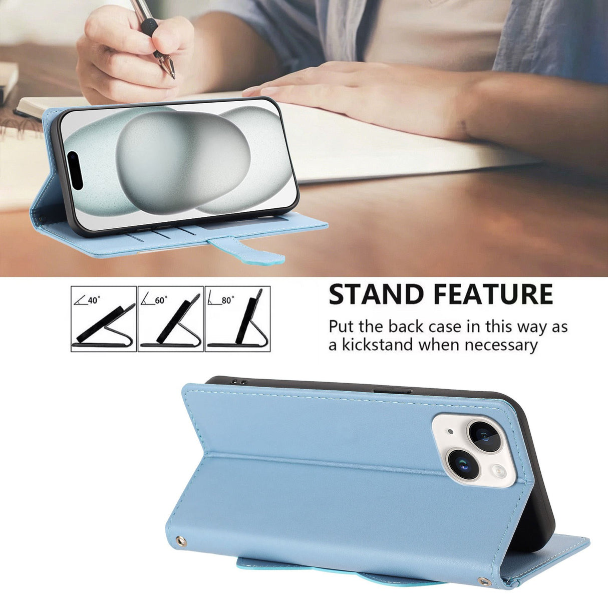 iPhone 14 / 13 Fodral med 3D-Kattöron - Korthållare & Stativfunktion - Blå