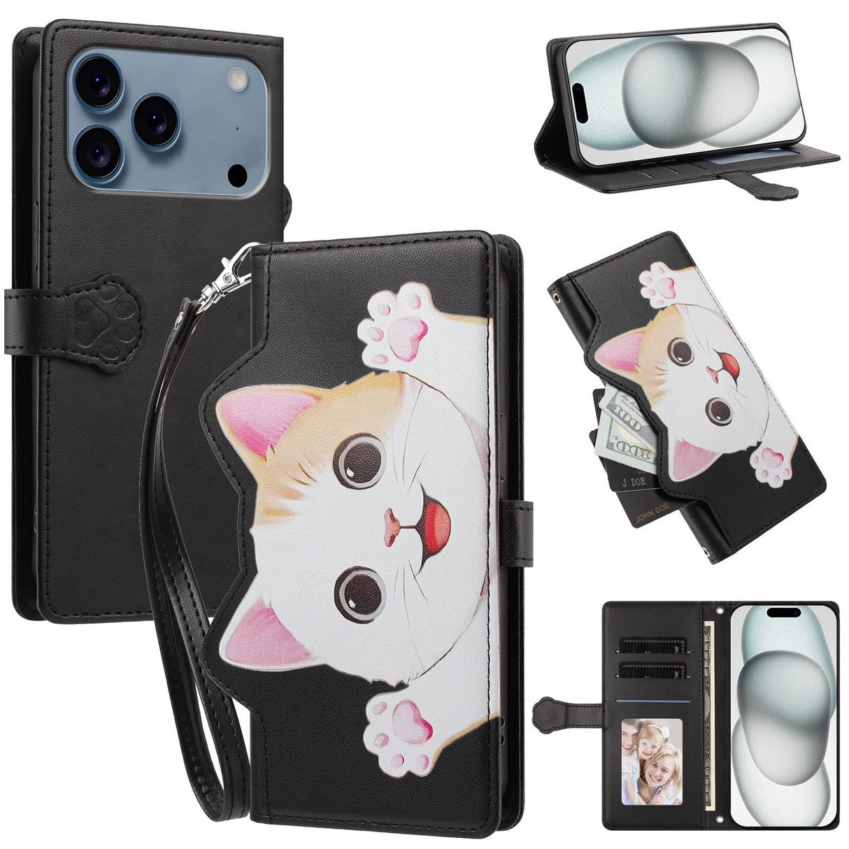 iPhone 18 Pro / 17 Pro Fodral med 3D-Kattöron - Korthållare & Stativfunktion - Svart
