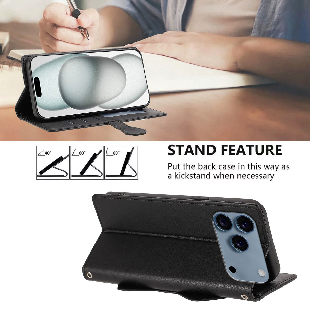 iPhone 18 Pro / 17 Pro Fodral med 3D-Kattöron - Korthållare & Stativfunktion - Svart