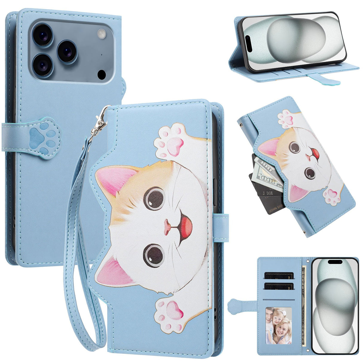 iPhone 18 Pro / 17 Pro Fodral med 3D-Kattöron - Korthållare & Stativfunktion - Blå