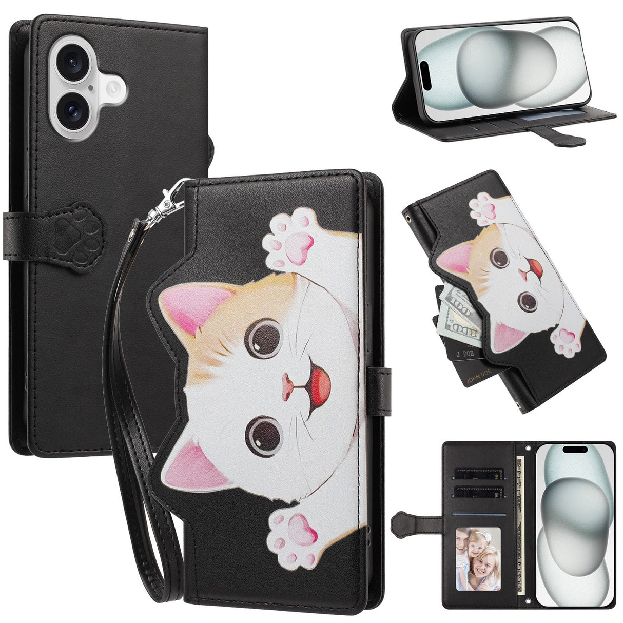 iPhone 18 / 17 Fodral med 3D-Kattöron - Korthållare & Stativfunktion - Svart
