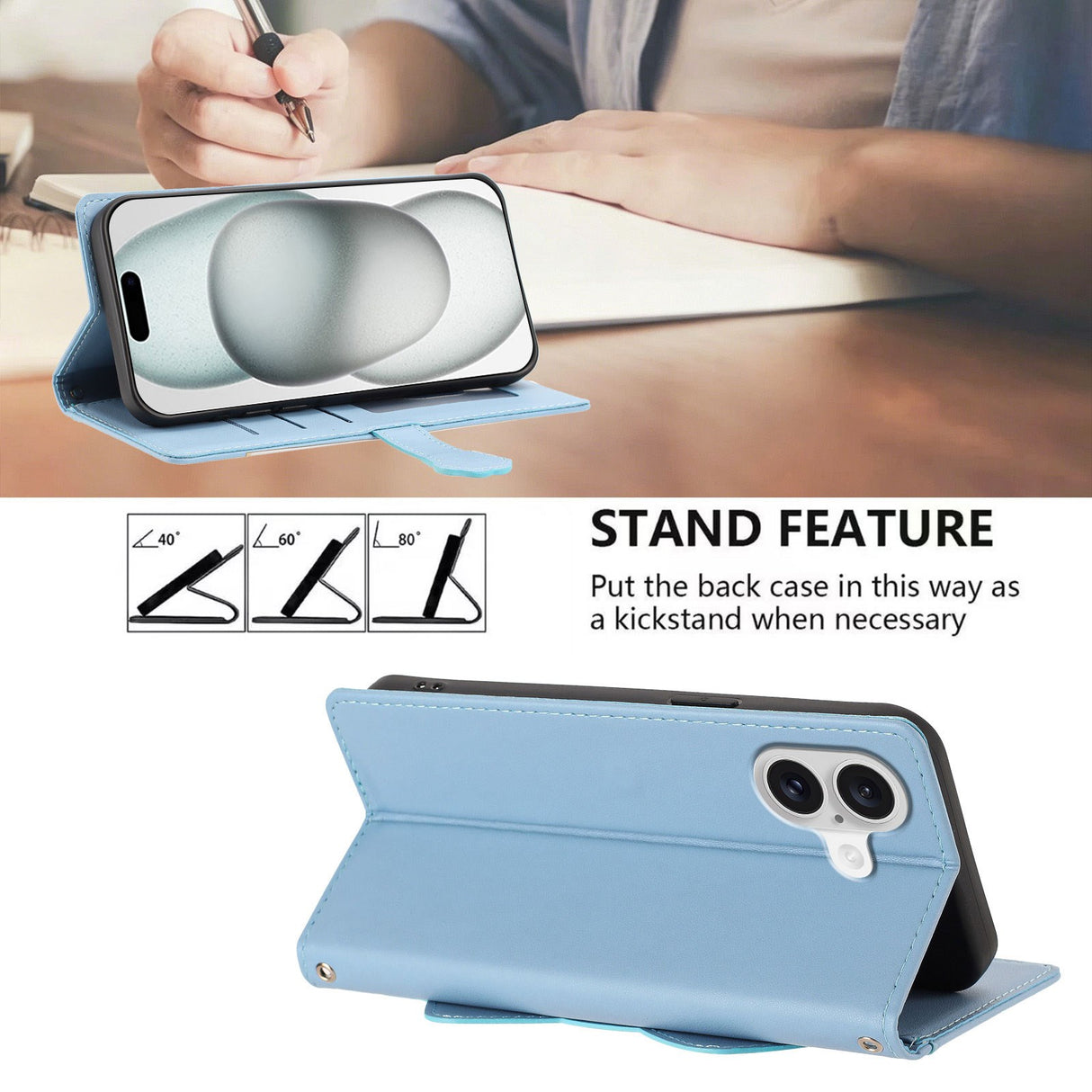 iPhone 18 / 17 Fodral med 3D-Kattöron - Korthållare & Stativfunktion - Blå