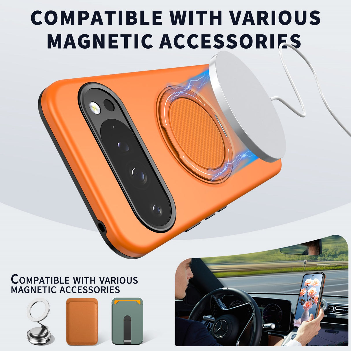 Google Pixel 11 / 11 Pro EIDERWOOD Hybrid Plast Skal med Roterbart Kickstand - MagSafe Kompatibel - Orange