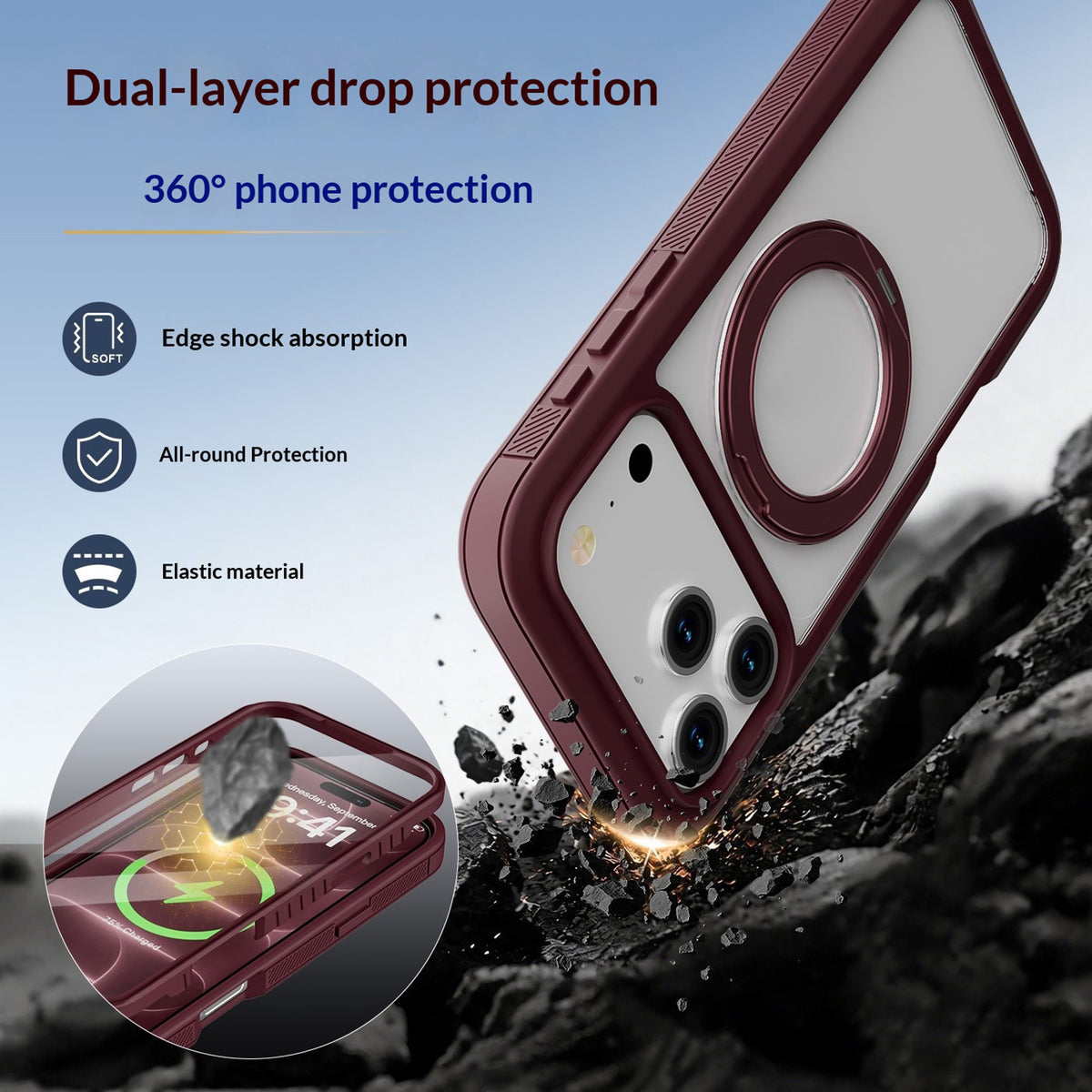 iPhone 18 Pro Max / 17 Pro Max EIDERWOOD Skal med Skärmskydd och Stativfunktion - MagSafe Kompatibel - Röd / Transparent