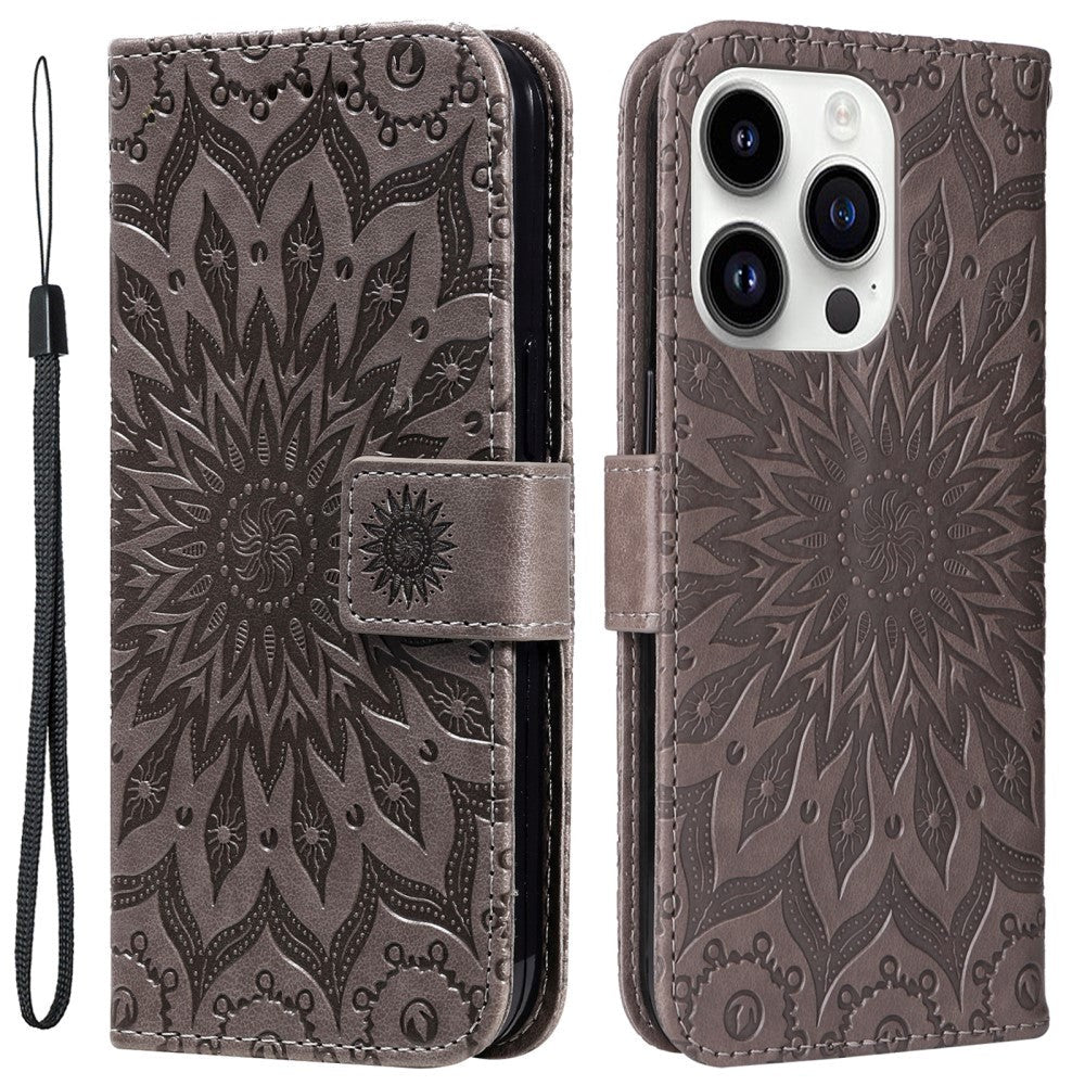 iPhone 15 Pro Läder Plånboksfodral med Rem - Mandala Blomma - Brun