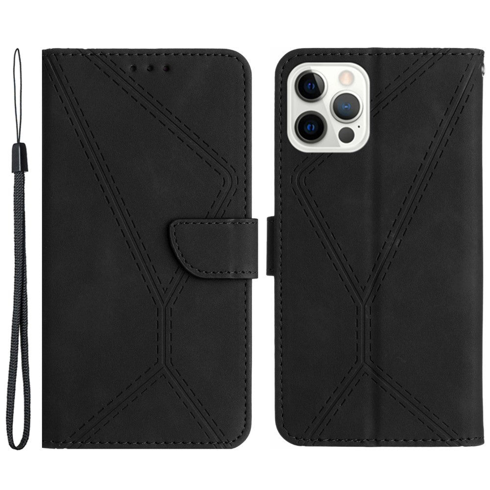 iPhone 15 Pro Max Läder Plånboksfodral med Rem - Linjemönster - Svart