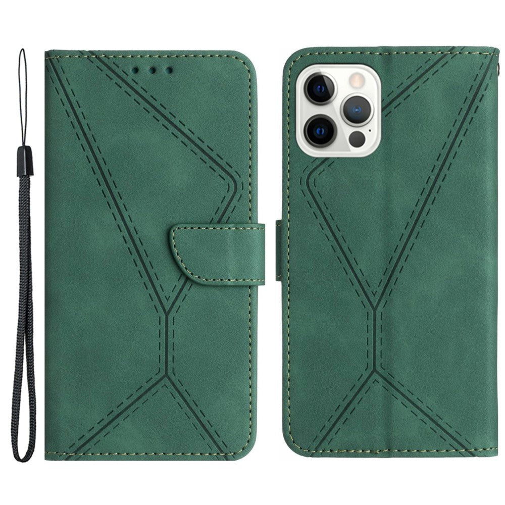 iPhone 15 Pro Max Läder Plånboksfodral med Rem - Linjemönster - Grön