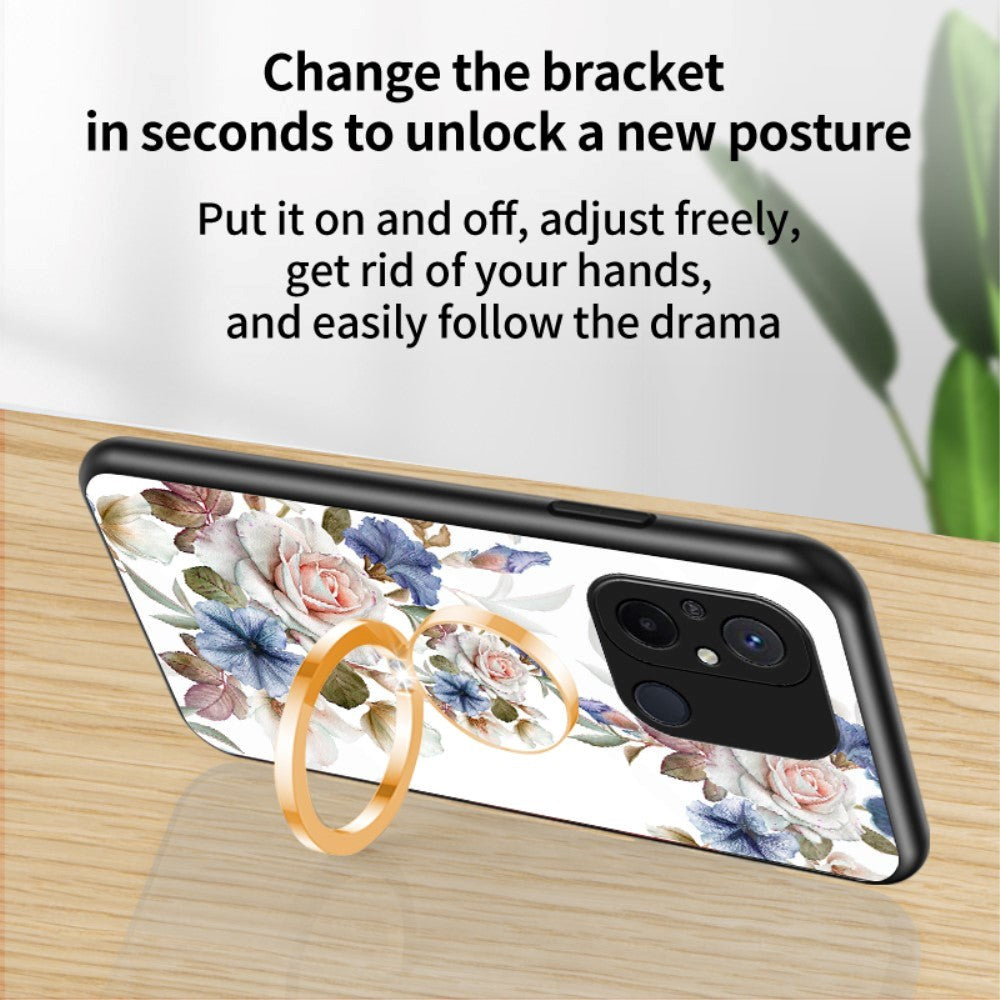 Xiaomi Redmi 12C Skal i Plast med Glasbaksida & Magnetisk Kickstand / Fingerring - Blå med blommor