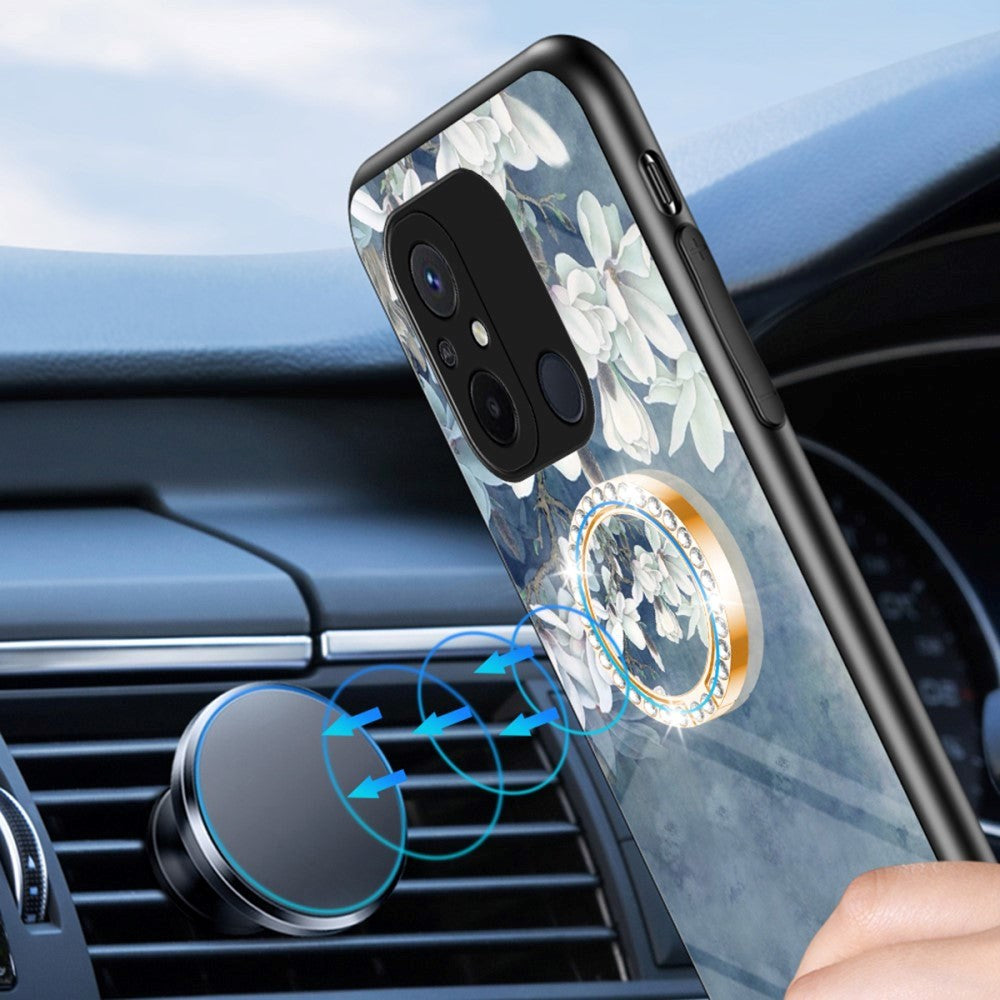 Xiaomi Redmi 12C Skal i Plast med Glasbaksida & Magnetisk Kickstand / Fingerring - Blå med blommor