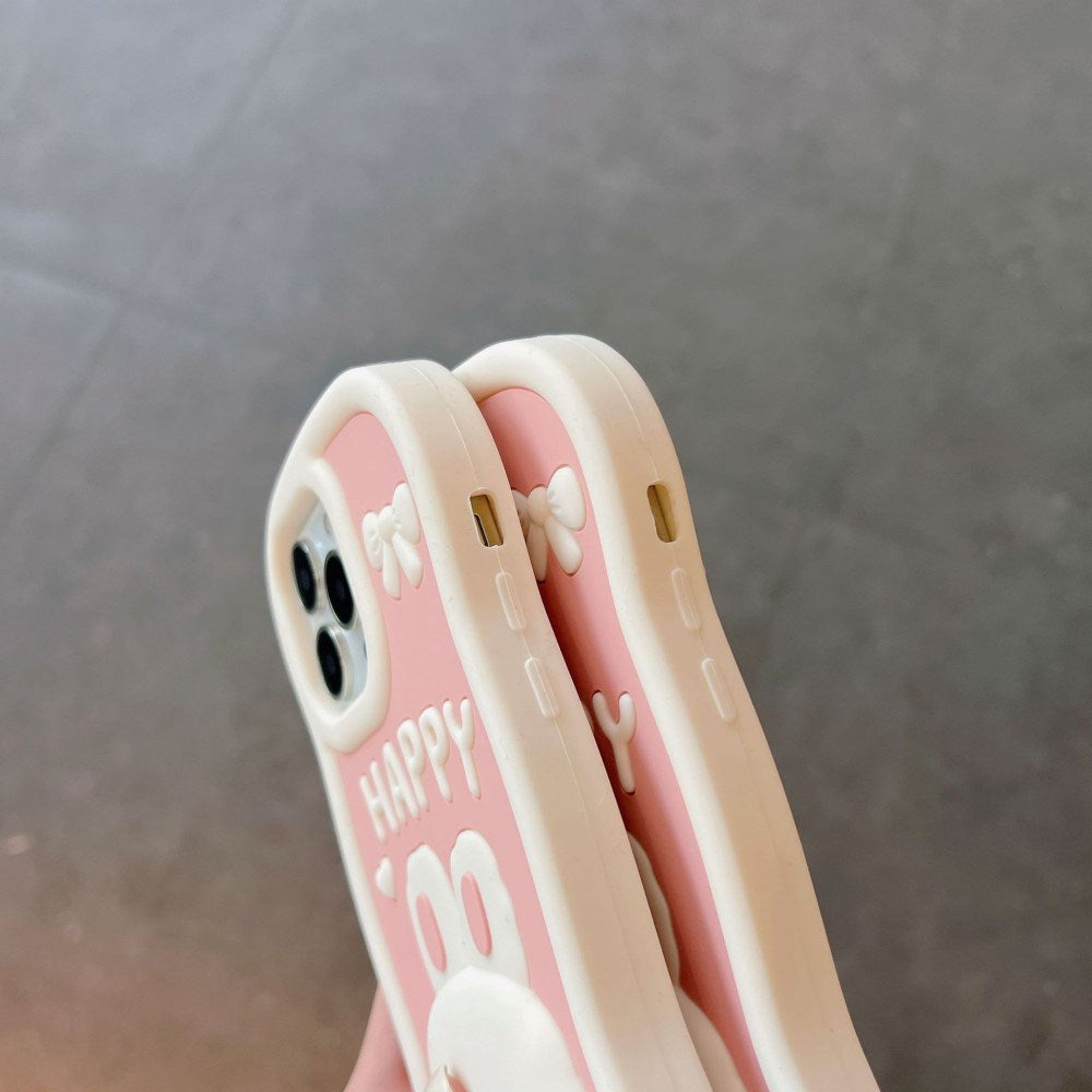EIDERWOOD iPhone 14 Pro Max Silikon Skal med 3D Kanin - Rosa / Vit
