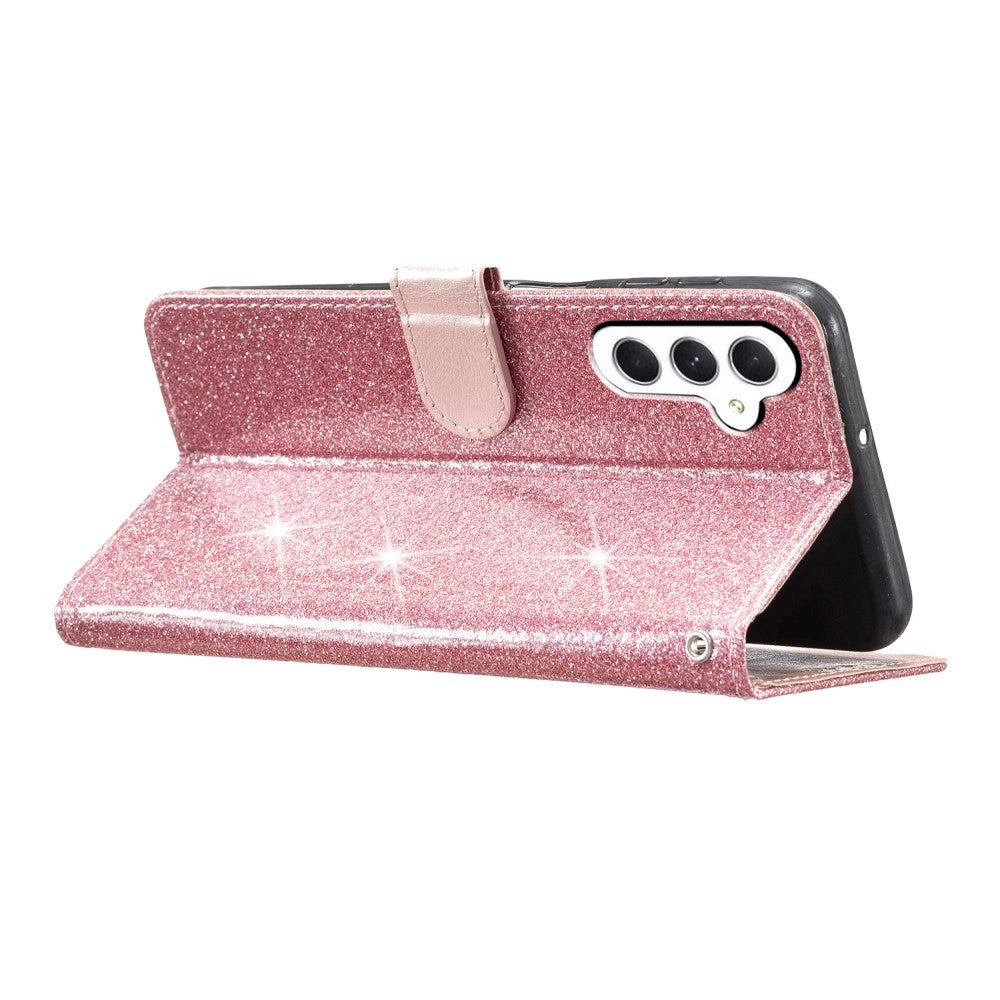 Samsung Galaxy A25 (5G) Läder Flip Fodral med Plånbok och Rem - Glitter - Rose Gold
