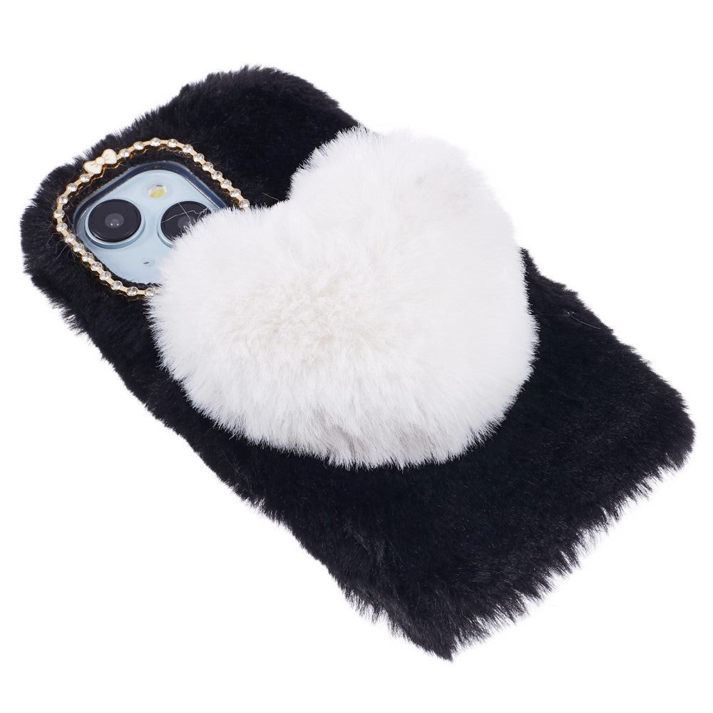 iPhone 15 Flexibelt Plast Skal med Päls - Hjärta - Svart