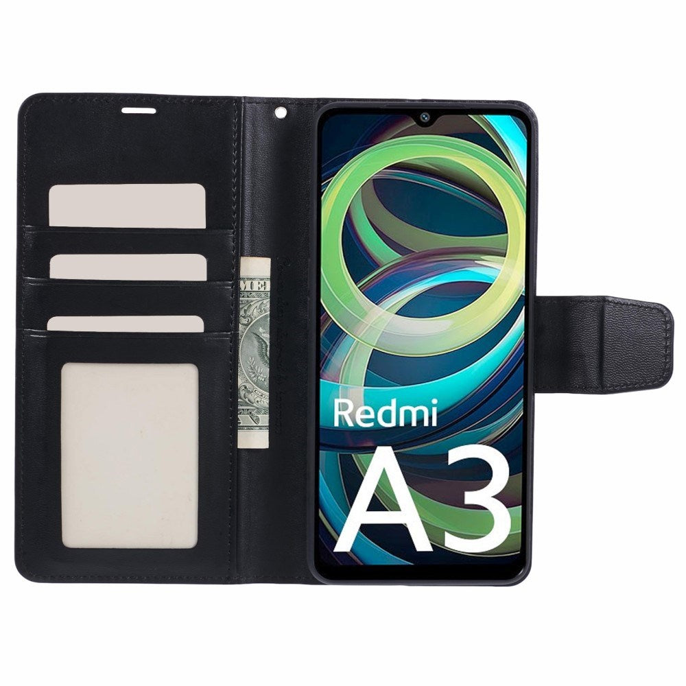 Xiaomi Redmi A3 Konstläder Fodral med Plånboks & Stativfunktion - Svart
