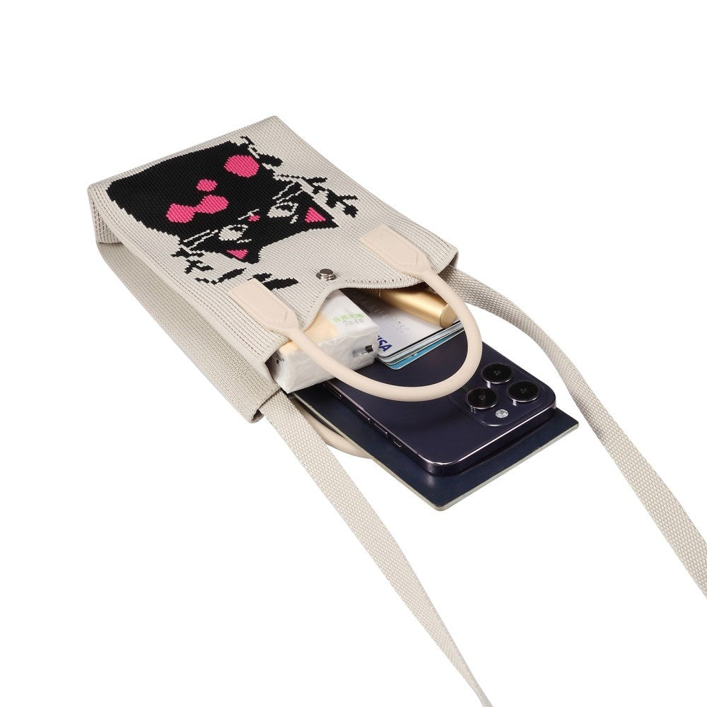 Stickad Crossbody-axelväska med Handrem (180 x 120 mm) - Svart katt