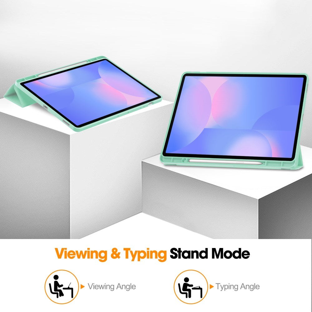 EIDERWOOD Samsung Galaxy Tab S10 FE+ (Plus) Tri-Fold Konstläder Fodral med Stylus Pen Hållare - Ljusgrön