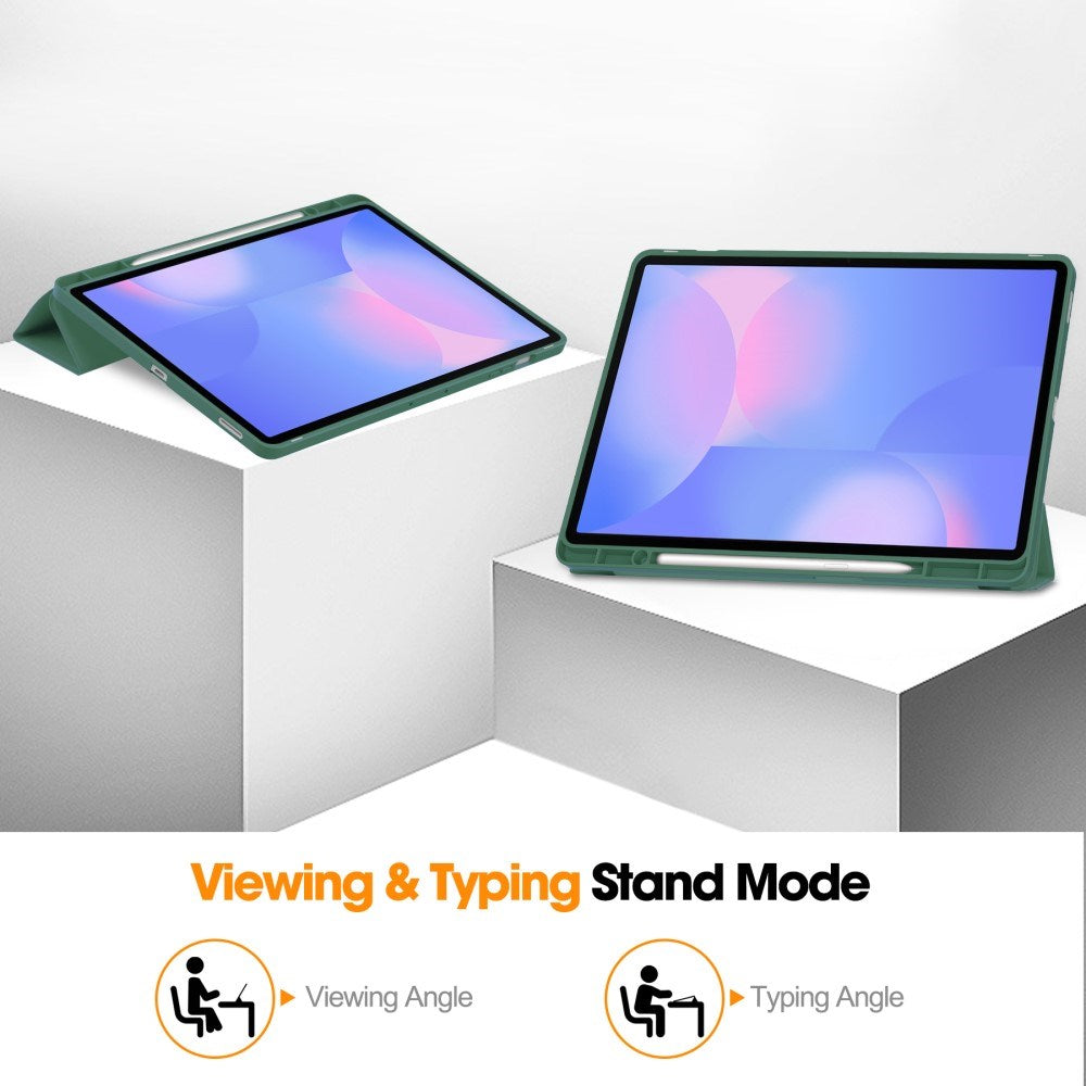 EIDERWOOD Samsung Galaxy Tab S10 FE+ (Plus) Tri-Fold Konstläder Fodral med Stylus Pen Hållare - Mörkgrön