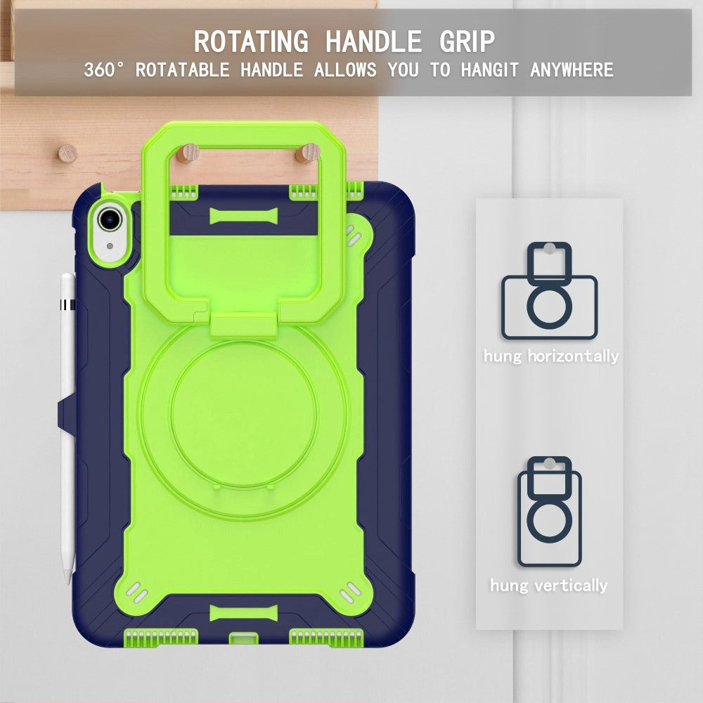 iPad 11" (2025) / iPad 10.9" (2024/2022) Silikonskal med 360 Graders Ställ & Bärrem - Grön / Blå