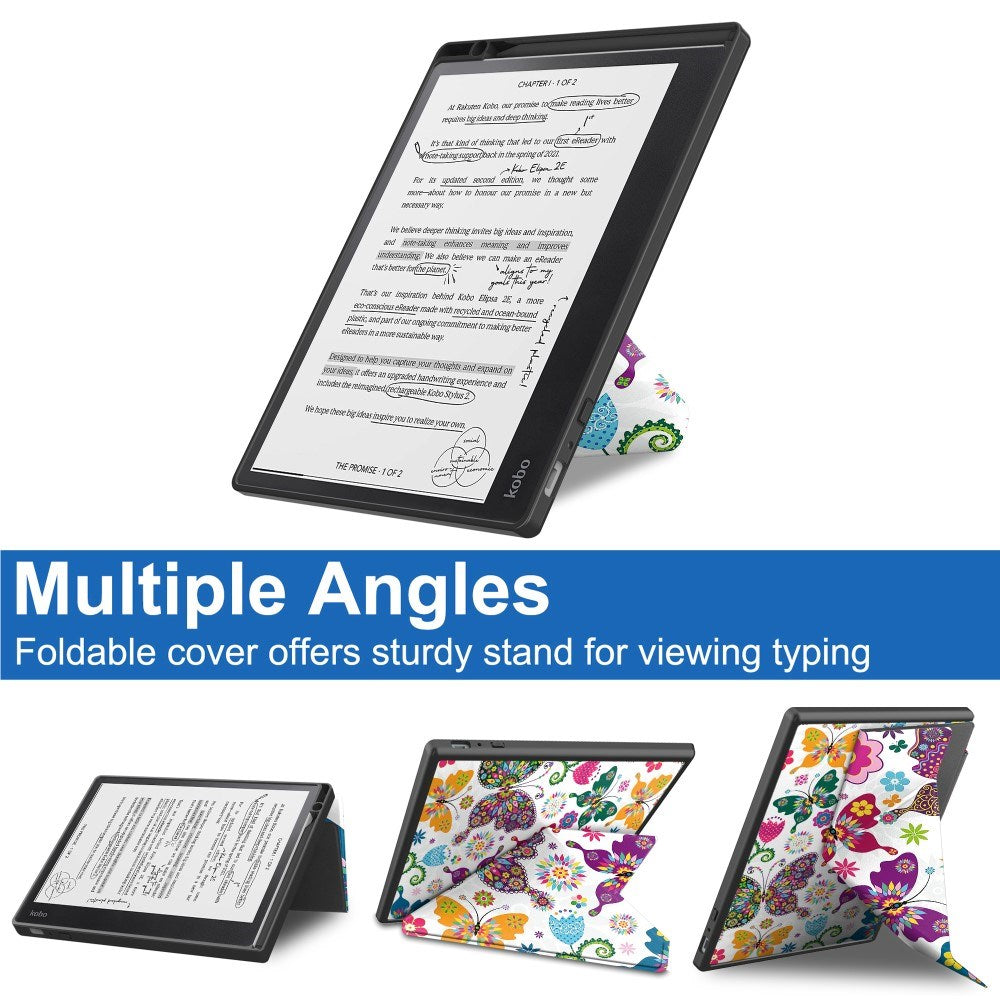 EIDERWOOD Kobo Elipsa 2E Origami Läder Fodral med Pennhållare - Färgglada Fjärilar och Blommor