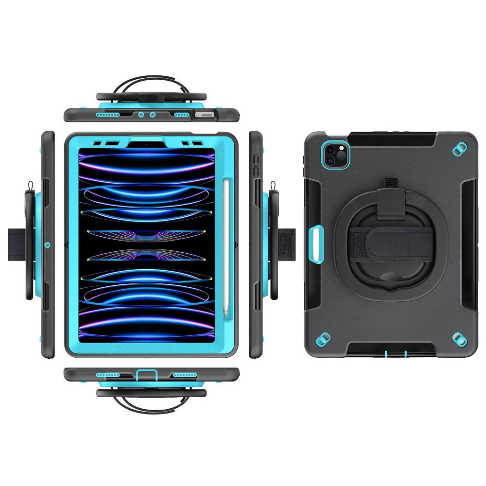 EIDERWOOD iPad Air 10.9-11" (2025-2020) / Pro 11" (2022-2018) Tåligt Skal m. Skyddsfilm & Handhållare - Svart / Ljusblå