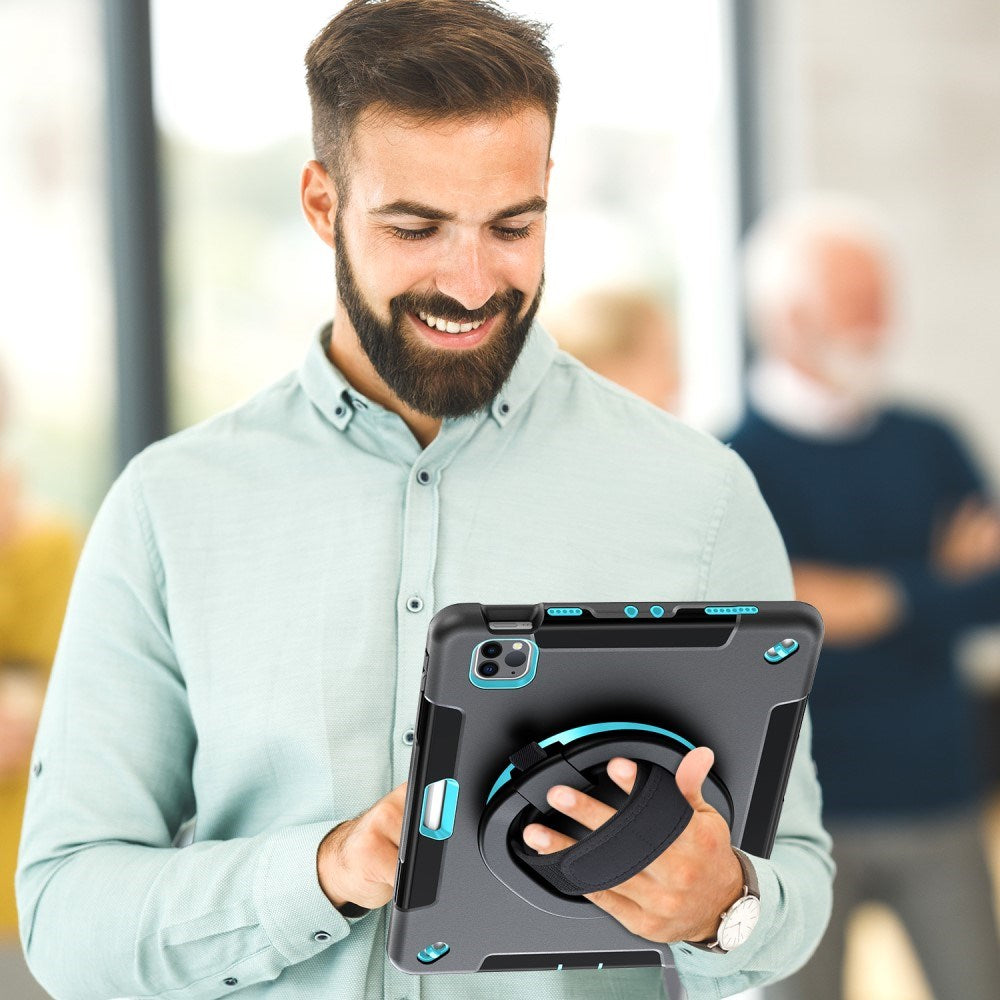 EIDERWOOD iPad Air 10.9-11" (2025-2020) / Pro 11" (2022-2018) Tåligt Skal m. Skyddsfilm & Handhållare - Svart / Ljusblå