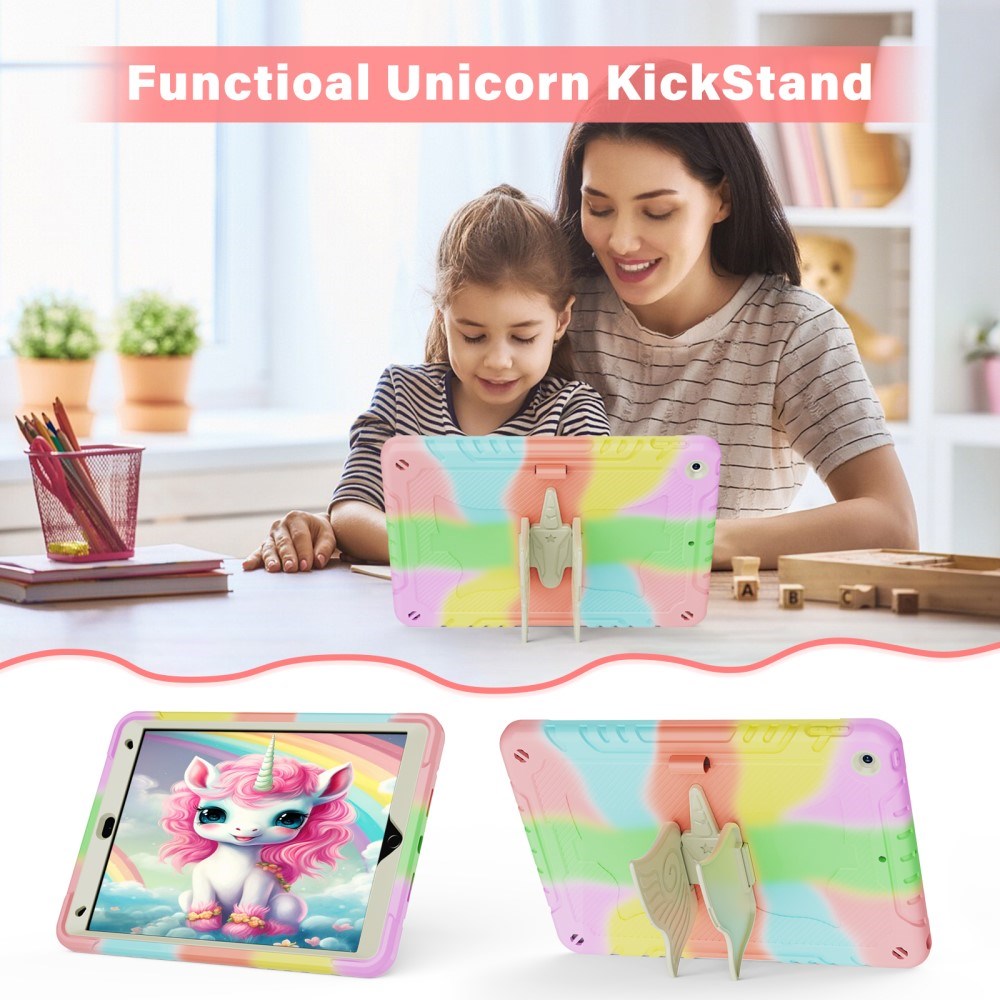 EIDERWOOD iPad 10,2" (2021 / 2020 / 2019) Unicorn Kickstand Barnskal - Regnbåge / Beige