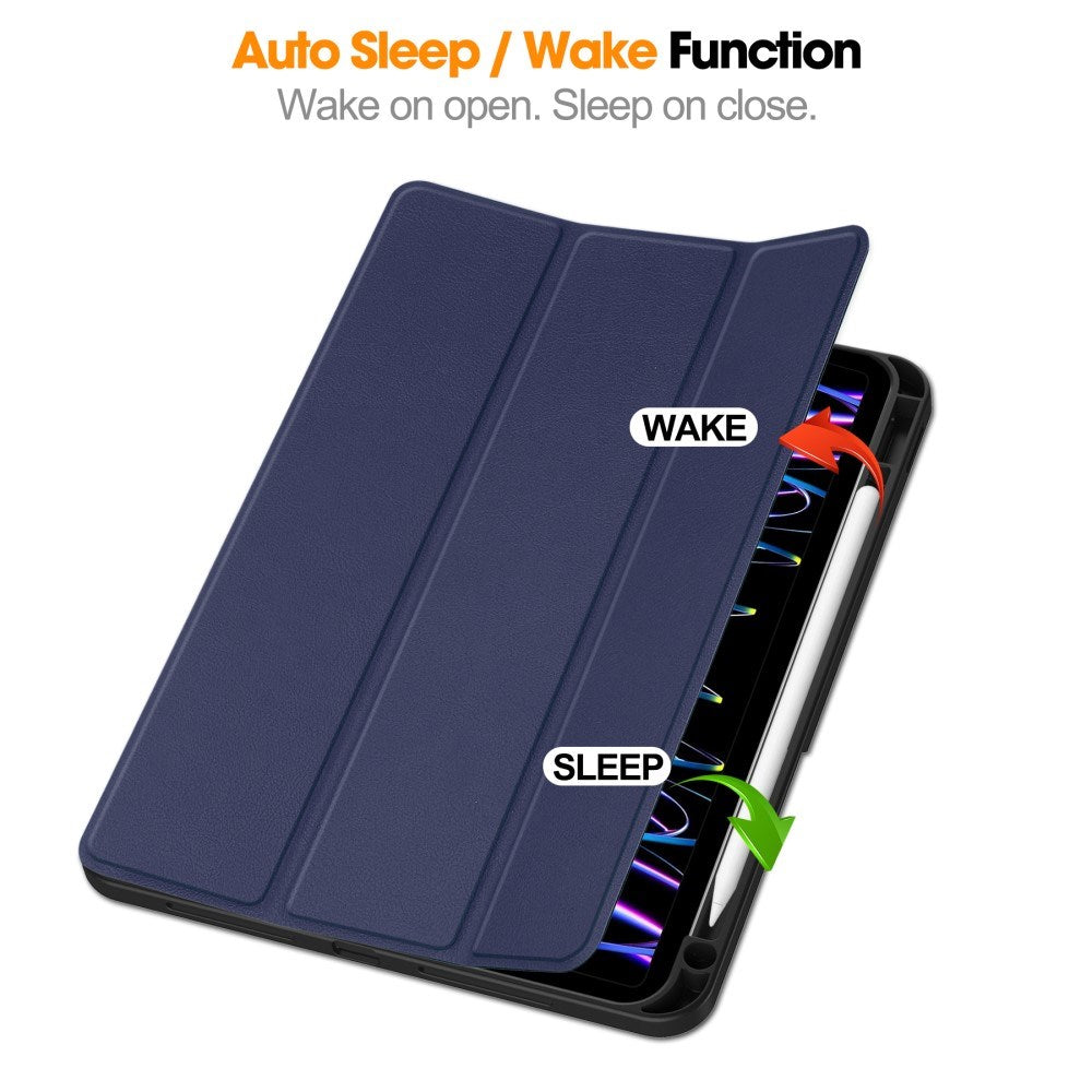 EIDERWOOD iPad Pro 11" (2025 / 2024) Tri-fold Konst Läder Fodral med Apple Pencil Hållare - Blå