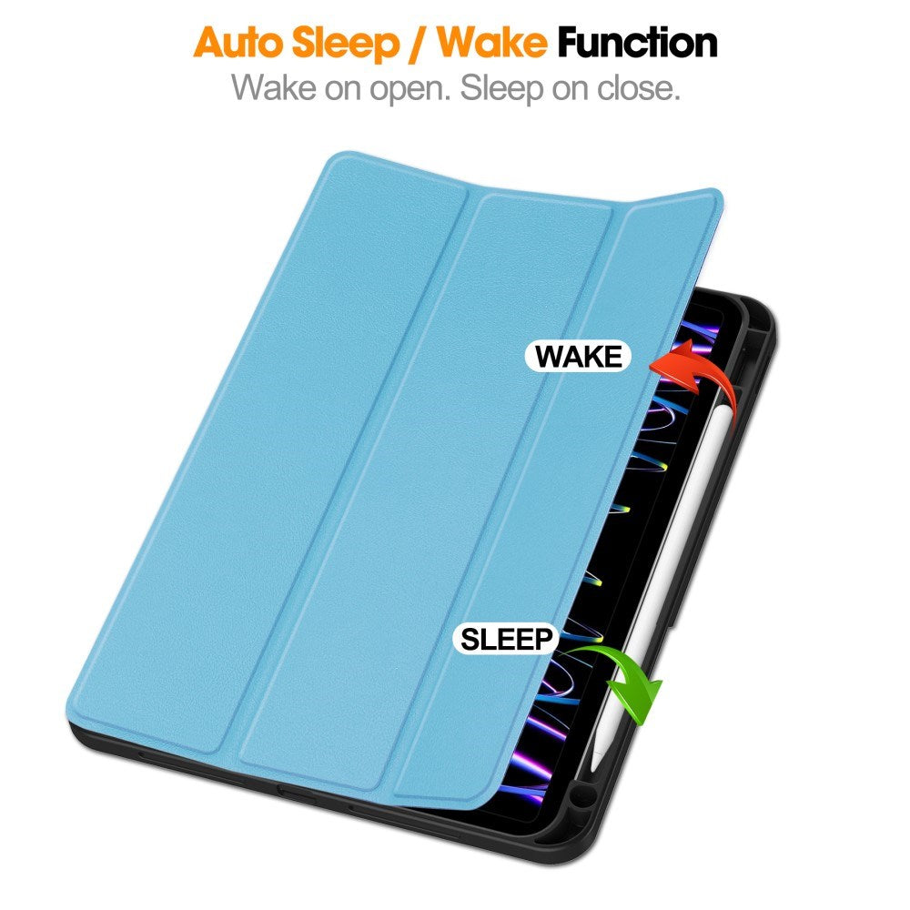 EIDERWOOD iPad Pro 11" (2025 / 2024) Tri-fold Konst Läder Fodral med Apple Pencil Hållare - Blå