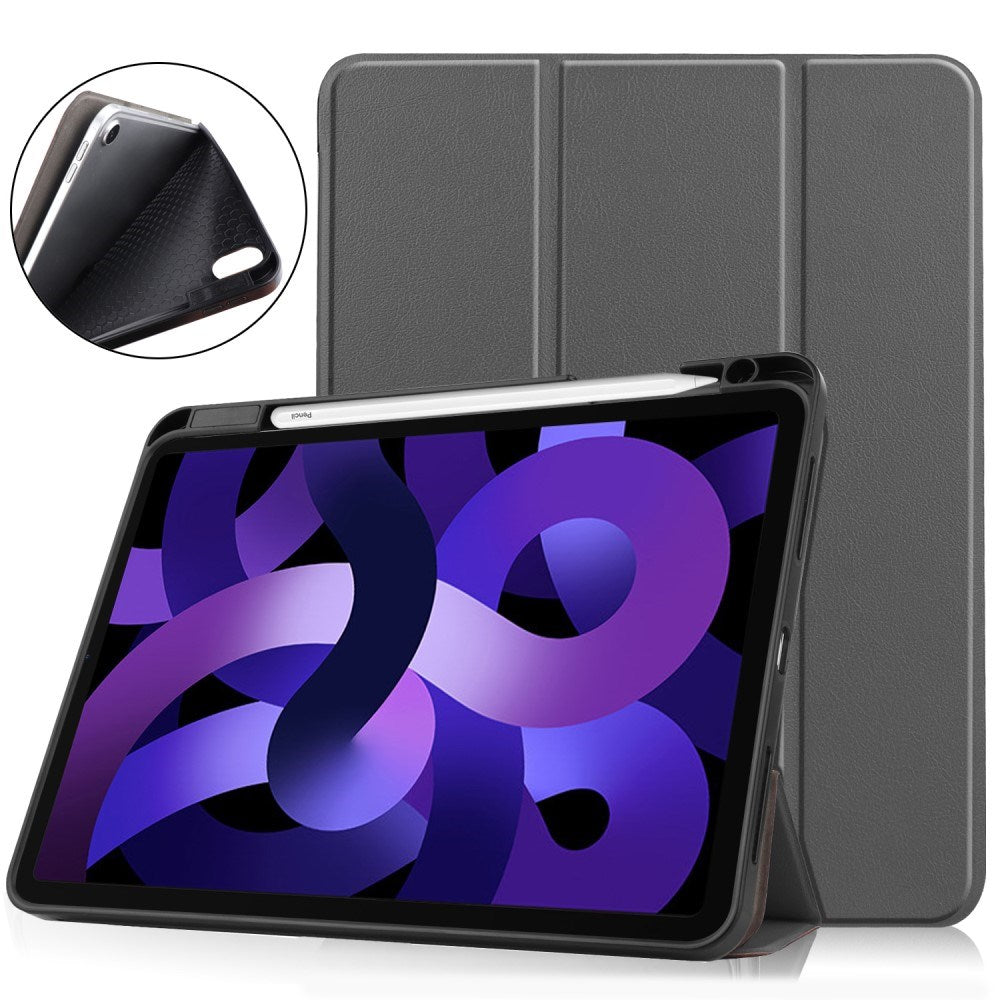 EIDERWOOD iPad Air 11" (2025 / 2024) Litchi Tri-fold Läder Fodral med Apple Pencil Hållare - Grå