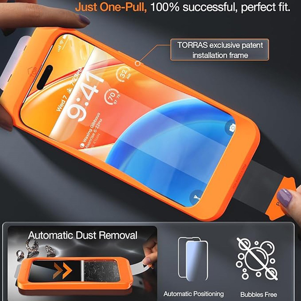 TORRAS iPhone 15 / 14 Pro Full Fit Härdat Skärmskyddsglas m. Installationsram - Genomskinlig