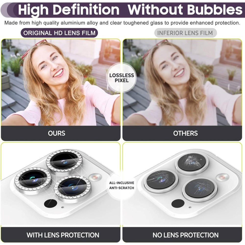 Kameralinsskydd med Rhinestone för iPhone 15 Pro / 15 Pro Max - Silver